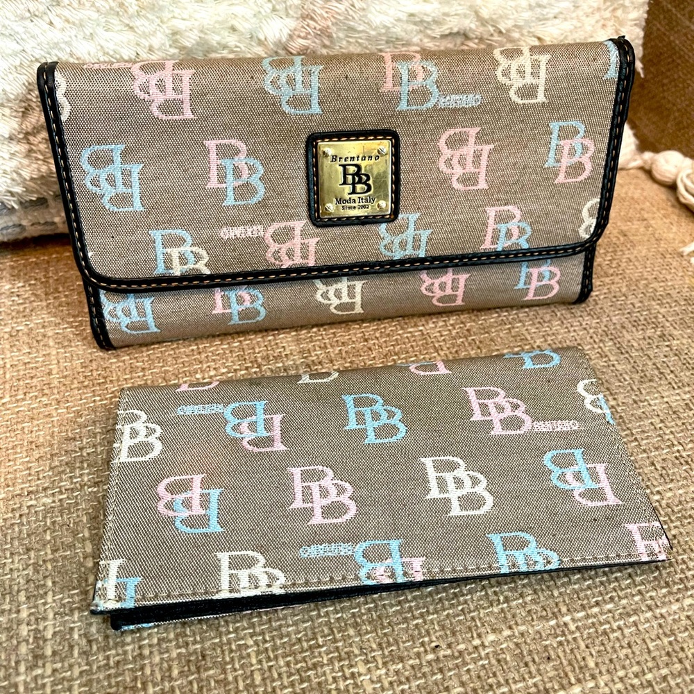 Brentano monogrammed long wallet w/check book cover
